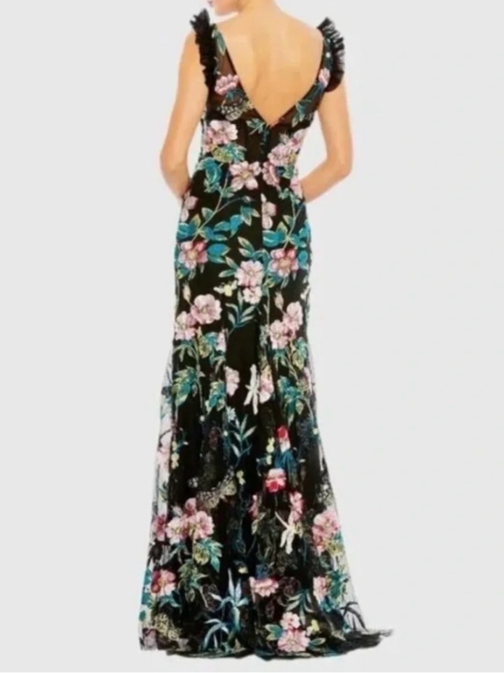 Mac Duggal Black Floral V-Neck Evening Gown with flutter sleeves size 6. NWT - Picture 7 of 15